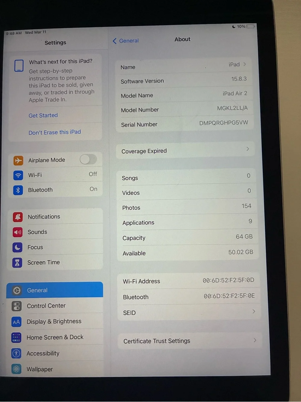Apple iPad Air 2- Black Front with White Bezel